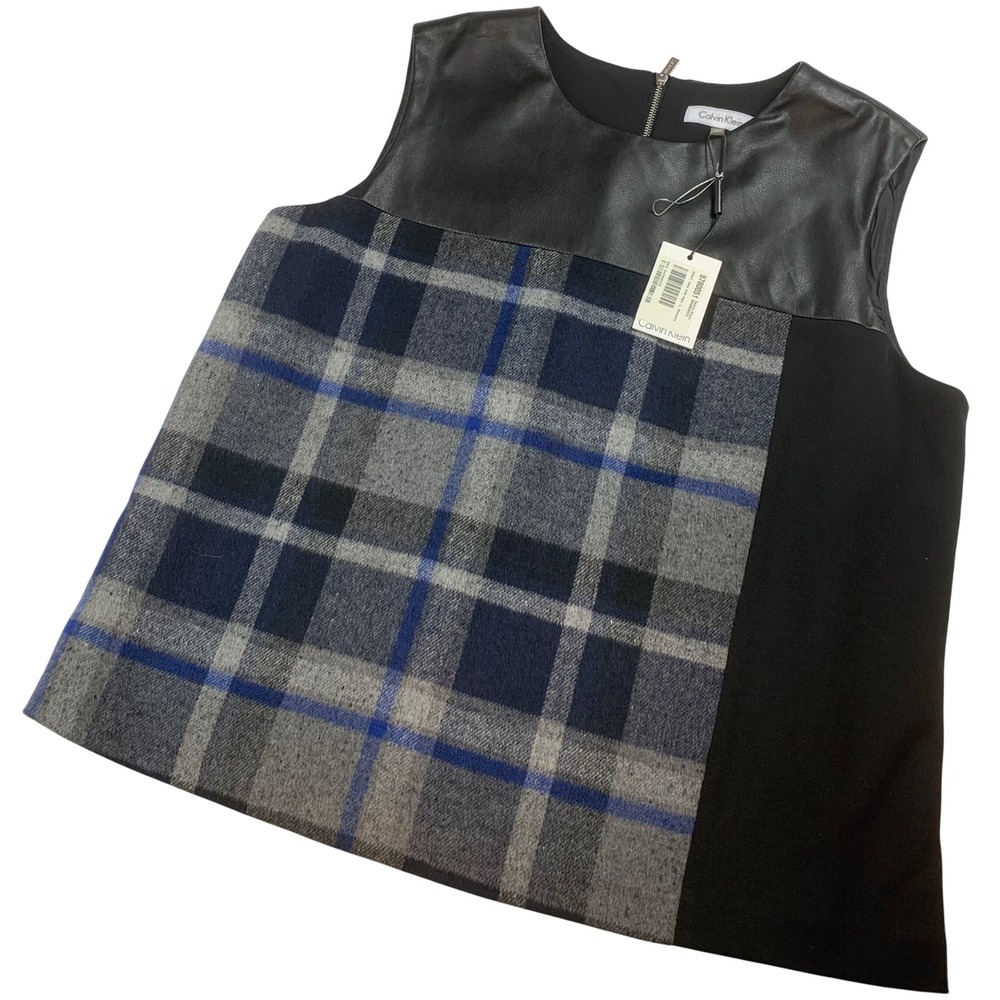 Calvin Klein Womens Plaid Faux Leather Trim Shell Top Grey Blue M5IMB553 L